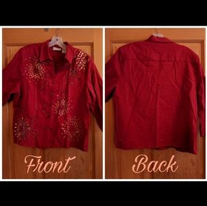 Women's Petite Embellished Red Button Top